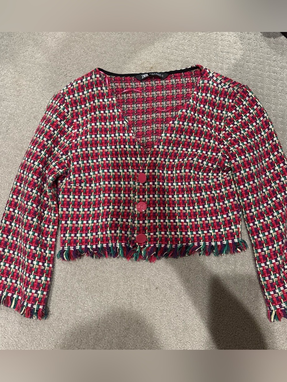 Zara Raspberry Multi Tweed Cropped Button Jacket - Picture 2 of 2